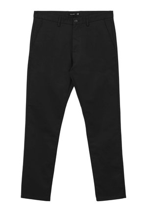 Black cotton trousers featuring a straight-leg design, button closure, and side pockets. Smooth texture with no visible patterns or accents.