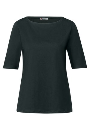Camiseta negra de manga corta con escote redondo. Hecha de una tela suave, presenta un corte relajado y detalles de costura mínimos.