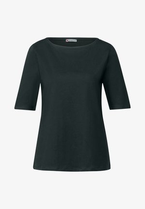 Czarna koszulka z krótkim rękawem i okrągłym dekoltem. Wykonana z gładkiego materiału, ma luźny krój i minimalne detale szewne.