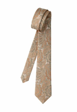 Seidenkrawatte mit aufwändigem beige-orangefarbenem Paisley-Muster, das wirbelnde Linien und florale Motive über den gesamten Stoff verteilt zeigt.