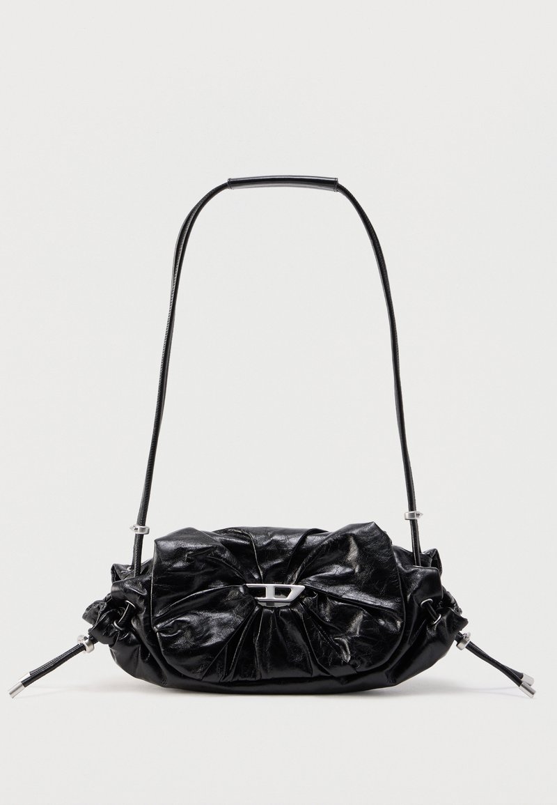 Black leather handbag with a gathered design and bow detail on the front. Features a short handle and silver hardware accents.