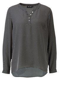 Chemise noire à manches longues avec un motif à pois, dotée d'un col henley et de trois boutons décoratifs. Tissu léger et légèrement transparent.