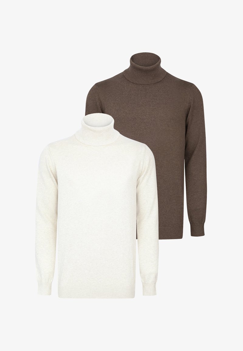 Zwei Rollkragenpullover: einer in sanftem Beige, der andere in dunklem Braun. Beide verfügen über gerippten Kragen und lange Ärmel und sind aus glattem Strickstoff gefertigt.