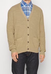 Kaki stickad cardigan med v-ringad hals, fyra bruna knappar, ribbade ärmslut och två framfickor. Bärs över en blå rutigt skjorta.