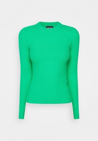 Maglione a maniche lunghe a coste di colore verde brillante, con silhouette aderente e scollo rotondo. Realizzato in tessuto elasticizzato per una vestibilità avvolgente.