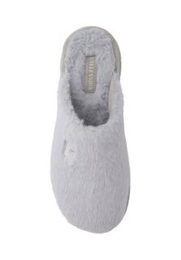 Pantofole grigie in peluche con una texture morbida e soffice. Presentano una punta rotonda e un piccolo dettaglio triangolare. Design leggero.