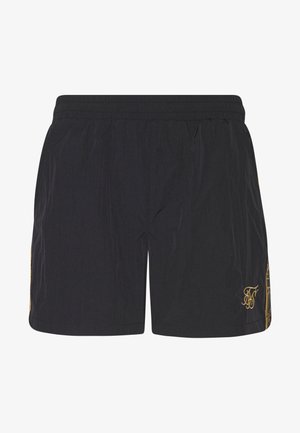 Černé plavkové šortky s texturovaným povrchem, elastickým pasem a zlatým logem na jedné straně. Jednoduchý a praktický design.