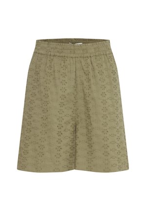 Pantaloni corti verde oliva con cintura elastica, caratterizzati da un motivo a occhielli floreali e un tessuto leggero e testurizzato.