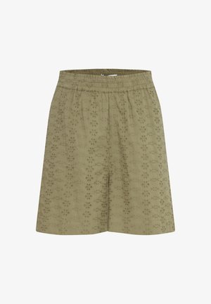 Olivenfarvede shorts med elastisk talje, med et blomstret øjelet mønster over hele, samt et let, tekstureret stof.