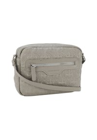 Grå syntetisk crossbody taske med præget mønster, lynlåslomme foran, justerbar rem og rektangulær form. Kompakt design.