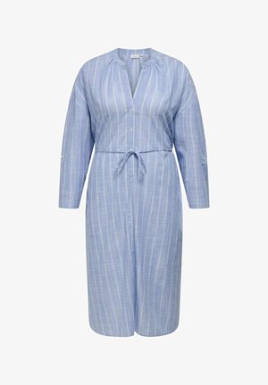 Blåstripet kjole med lange ermer, knappestolpe foran, rynket hals og knytebelte for justerbar passform. Myk stoffkvalitet med subtil tekstur.