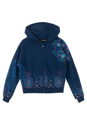 Sudadera con capucha azul marino con cremallera, con patrones florales y de mandala coloridos en las mangas y el dobladillo inferior. Tela suave, diseño casual.