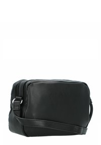 Borsetta a tracolla in pelle nera, forma rettangolare, texture liscia, con chiusura a zip e tracolla regolabile per versatilità.