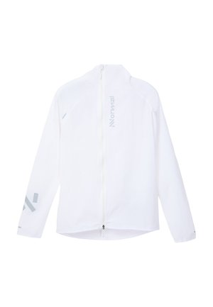 Witte windbreakerjas, ontworpen met een hoge kraag, een volledige ritssluiting aan de voorkant en reflecterende accenten op de mouwen. Lichtgewicht, met een gladde textuur.