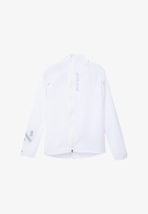 Witte windbreakerjas, ontworpen met een hoge kraag, een volledige ritssluiting aan de voorkant en reflecterende accenten op de mouwen. Lichtgewicht, met een gladde textuur.