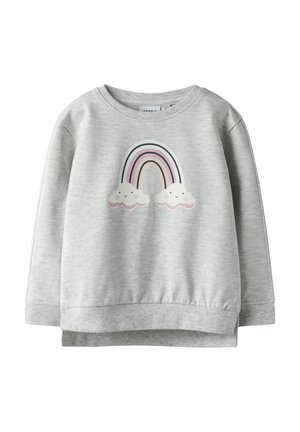 Jasnoszara dziecięca bluza z nadrukiem pastelowej tęczy i dwóch uśmiechniętych chmur na przodzie, z długimi rękawami oraz ściągaczami przy mankietach i dolnym brzegu.