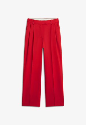Pantalones rojos de cintura alta con piernas anchas, pliegues en la cintura, trabillas para cinturón y bolsillos laterales, extendidos sobre fondo blanco.