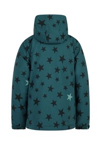 Tirkizna jakna s kapuljačom, koja ima uzorak crnih zvijezda i jednu svijetloplavu zvijezdu. Elastični manžeti i opušteni kroj.