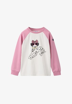 Witte sweatshirt met roze raglanmouwen, versierd met een zwart-witte hondenafbeelding die zonnebril en strik draagt. Zachte katoenen stof.