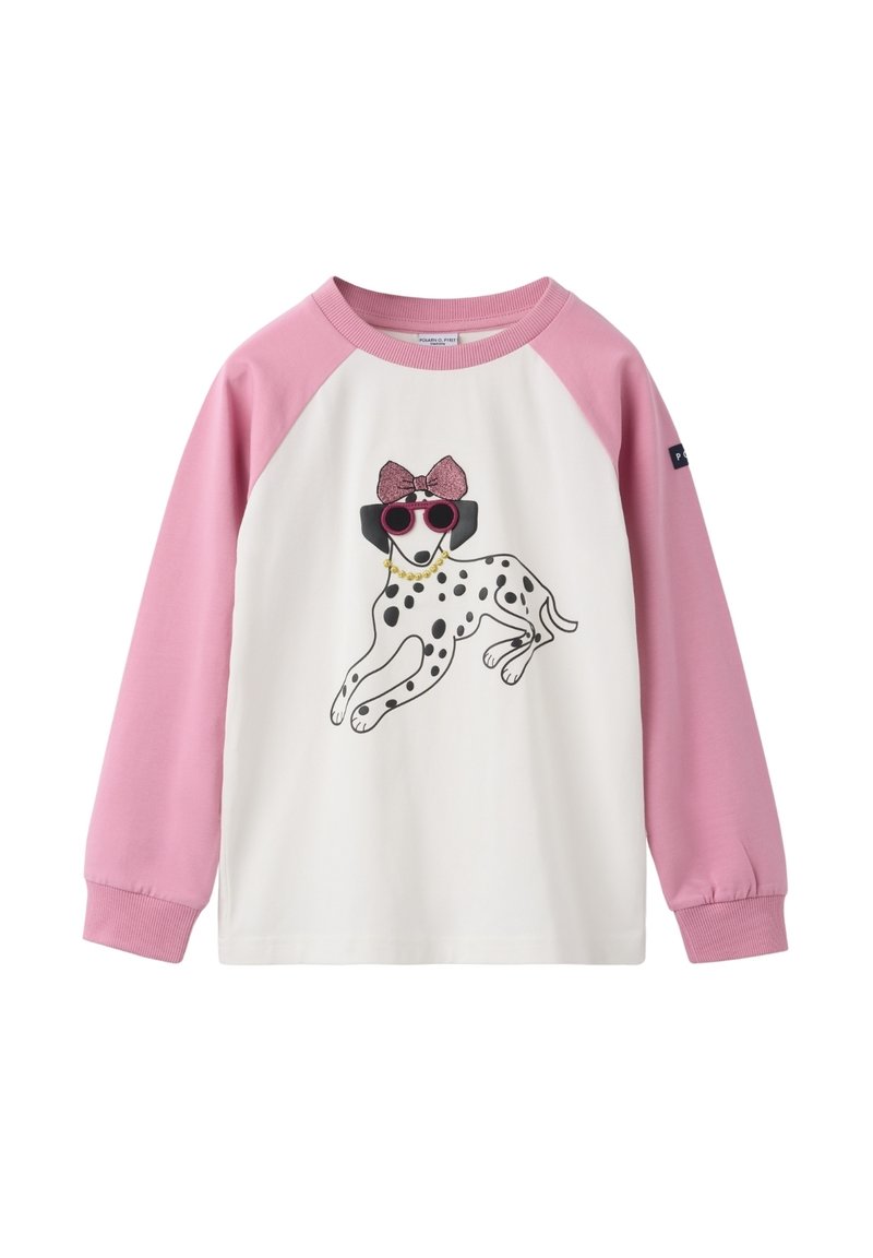 Witte sweatshirt met roze raglanmouwen, versierd met een zwart-witte hondenafbeelding die zonnebril en strik draagt. Zachte katoenen stof.