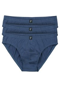 Miesten briefs-alusvaatteet tummansinisestä puuvillasekoitteesta, joissa on joustava vyötärö ja ommeltu yksityiskohta. Kolme paria on siististi pinottuna.