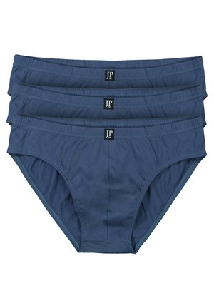 Herrenshorts in marineblau, aus Baumwollmischung, mit einem elastischen Bund und gestickten Details. Drei Paare sind ordentlich gestapelt.