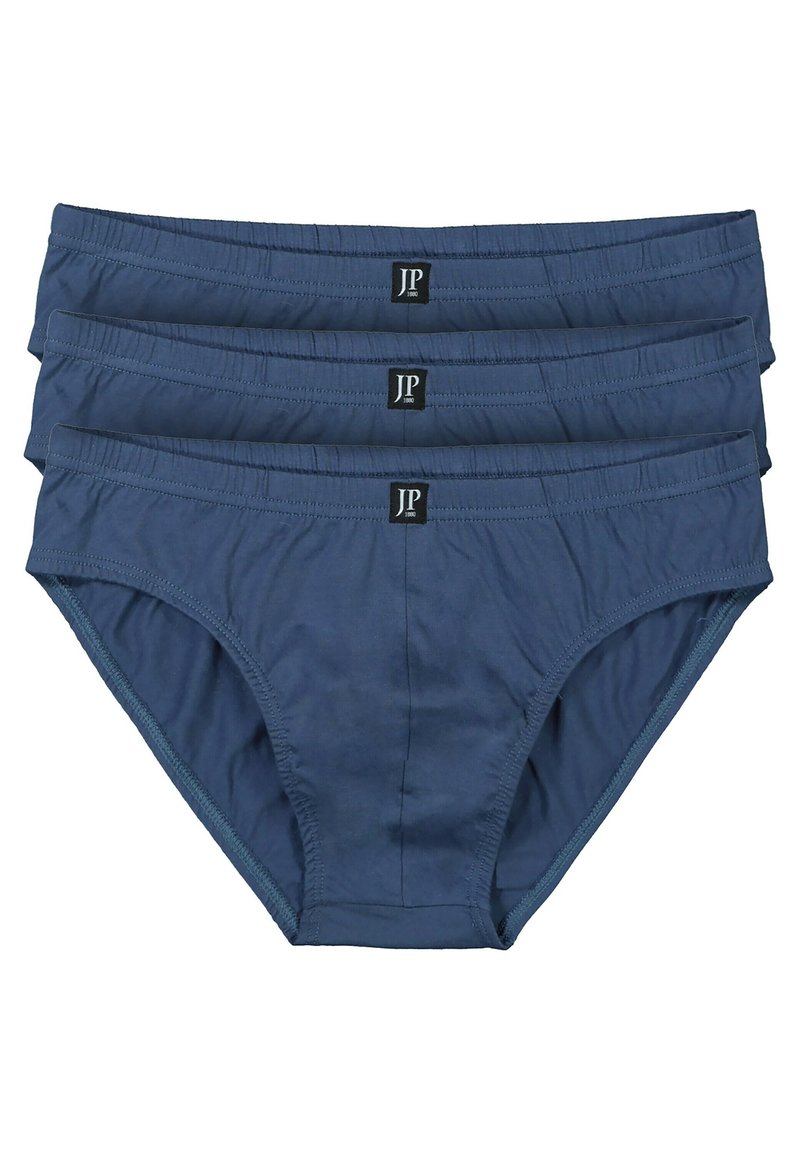 Miesten briefs-alusvaatteet tummansinisestä puuvillasekoitteesta, joissa on joustava vyötärö ja ommeltu yksityiskohta. Kolme paria on siististi pinottuna.