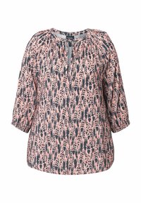 Blusa leggera con un motivo astratto rosa e blu navy, maniche lunghe, scollo rotondo e un dettaglio con fiocco sul davanti. Polsini elasticizzati.