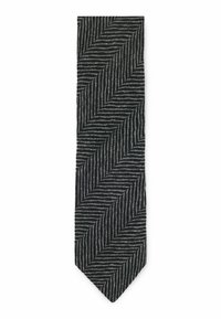 Svart och grå herringbone-slipset med ett texturerat tyg, som har en skarp, spetsig ände och ett diagonalt mönster längs hela längden.