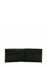 Portefeuille en cuir noir avec plusieurs emplacements pour cartes, un compartiment central et une surpiqûre accent rouge. Finition texturée, forme rectangulaire compacte.