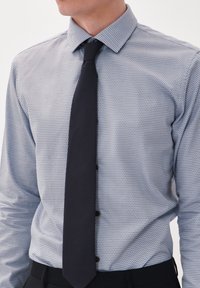 Blauw en wit geruite overhemd met een spread collar, gecombineerd met een effen marineblauwe stropdas. Kenmerkt zich door een katoenmix en een subtiel patroon.