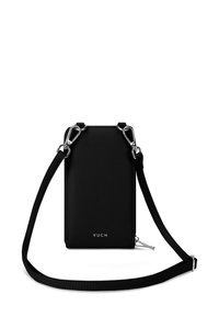 Black crossbody bag made of smooth leather. Features silver hardware and detachable strap. Minimalist design with a logo at the bottom.