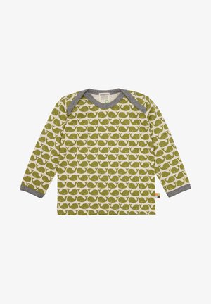 Maglietta a maniche lunghe di un verde chiaro con un motivo di balene, colletto grigio e polsini, materiale in cotone, con etichetta laterale.
