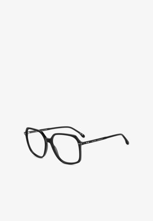 Occhiali rettangolari neri con lenti larghe, montatura spessa e aste sottili. Presentano piccoli punti bianchi sulla tempia e dettagli con il nome del marchio.