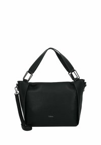 Borsa a tracolla in pelle nera con finitura testurizzata, caratterizzata da una forma strutturata, tracolla regolabile e accessori in tono argento. Logo del marchio visibile.