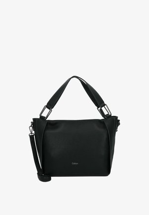 Sac à main en cuir noir au fini texturé, doté d'une forme structurée, d'une bandoulière réglable et de quincaillerie en métal argenté. Logo de la marque affiché.