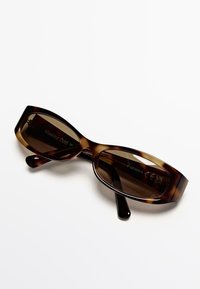Brown tortoiseshell sunglasses with elongated rectangular lenses, smooth plastic frames, and dark brown arms, featuring embossed branding inside.