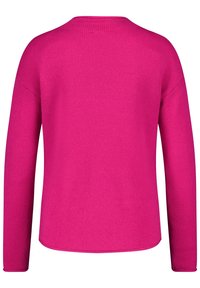 Fuchsia knit sweater with a round neck, long sleeves, and a relaxed fit. Smooth texture with ribbed detailing along the neckline and cuffs.