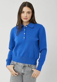 Pull bleu en tricot avec un col à revers, une patte de boutonnage à cinq boutons et des poignets côtelés. Porté sur un jean gris clair taille haute.