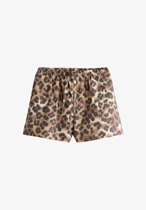 Leopardenmuster-Shorts mit elastischem Bund und vorderer Schnürung, mit braunen, schwarzen und beigen Flecken auf leichtem Stoff.