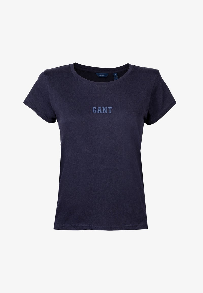 Navy blue short-sleeve crew neck T-shirt with "GANT" embroidered in matching blue on the chest.