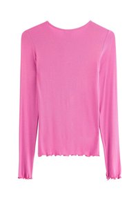 Langærmet top i klar pink farve, med en rund halsudskæring og bølget kant. Glat tekstur med tætsiddende design.