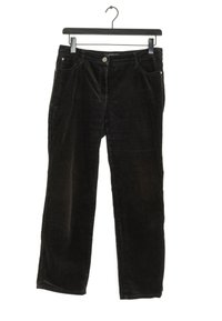 Pantaloni in velluto a coste neri con una vestibilità dritta, dotati di tasche frontali, chiusura con bottone e un tessuto morbido e testurizzato.