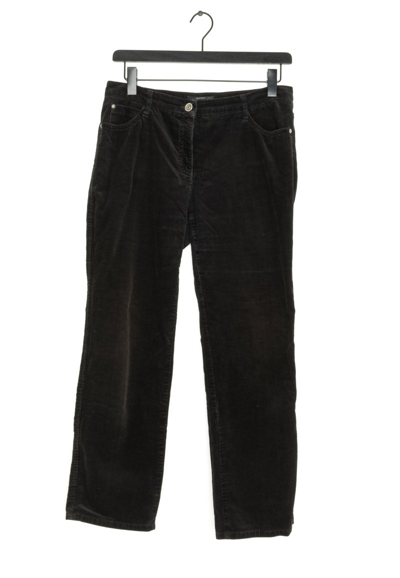 Pantaloni in velluto a coste neri con una vestibilità dritta, dotati di tasche frontali, chiusura con bottone e un tessuto morbido e testurizzato.