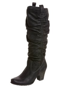 Czarne skórzane kozaki za kolano o luźnym kroju, z okrągłym noskiem i średnim obcasem. Posiadają kontrastowe przeszycia oraz pętle do zakupu na górze.