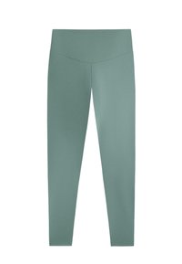 Leggings verzi deschise, fabricate dintr-un material neted și elastic. Prezintă o talie înaltă și un design ajustat, care se extinde până la nivelul gleznelor.