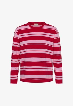 T-shirt à manches longues rouge avec des rayures horizontales alternées rose et blanche. Encolure ronde, tissu doux et coupe décontractée.