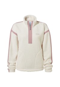Cream fleece pullover with a half-zip and pink accents along the shoulders and sleeves; features a soft texture and a slightly cropped fit.