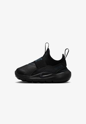 Black slip-on athletic shoe with elastic strap, pull tabs on heel and tongue, cushioned sole, and Nike swoosh logo on the side.