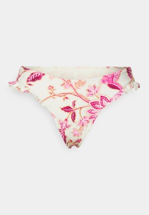 Costum de baie inferior cu imprimeu floral în crem, decorat cu broderie roz și magenta, cu margini franjurate și un design cu talie joasă.